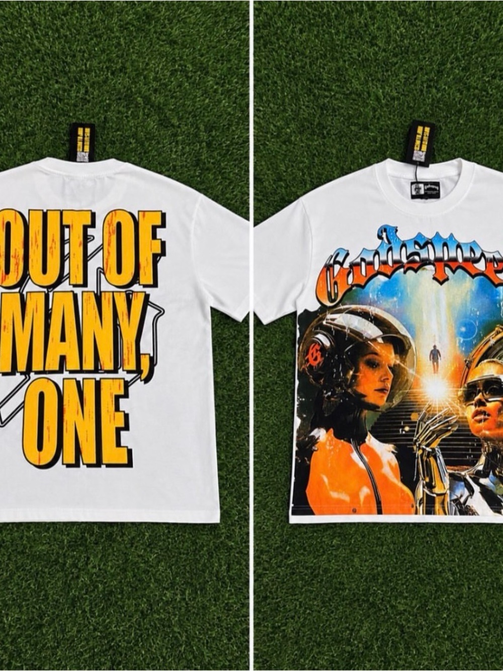 White Short Sleeve Graphic Tee with Bold Yellow & Orange Print